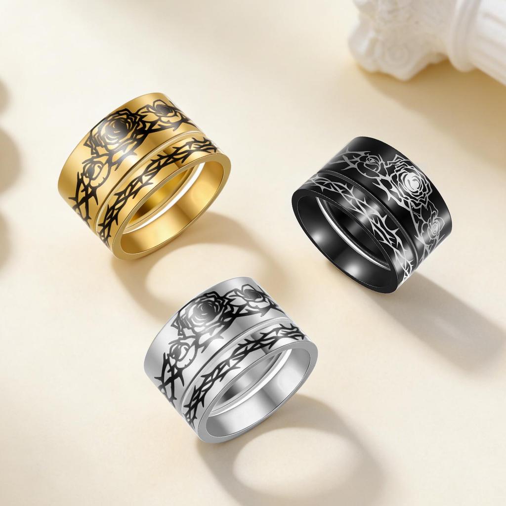 European Rose Vine Pattern Stainless Steel Couple Ring Set