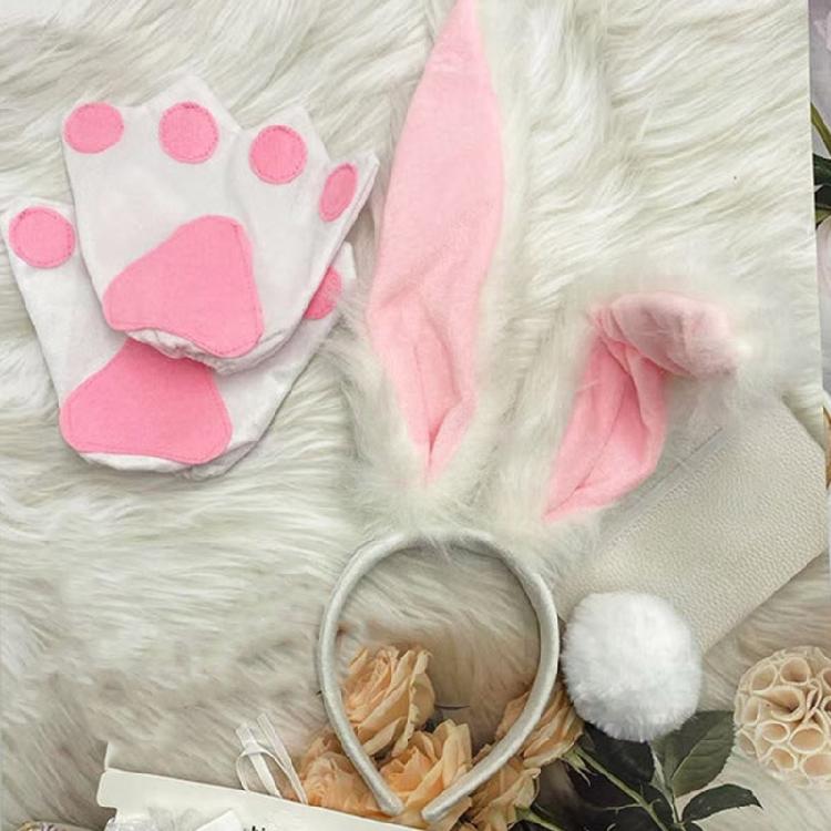 Women Girls Rabbit Ears Headband Collar Bowtie Cuff Bunnies Tail Easter Bunnies Costume Set for Halloween Cosplay Party