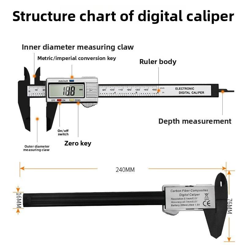 0-150MM Vernier Caliper Plastic Digital Caliper, Inch Metric Fraction Conversion, Large LCD Display Measurement Tool