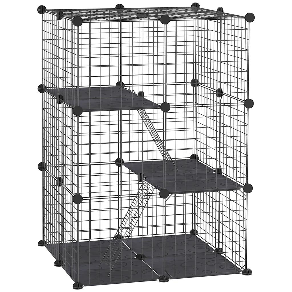 Modular Multi-Level Rabbit and Guinea Pig Cage with 3 Doors and Steel Wire, Black