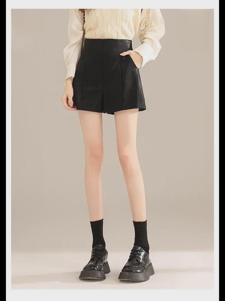 High Waist Women's PU Leather A-Line Shorts, Slim Wide-Leg, Black, Fall/Winter 2023, Korean Style, Perfect with Boots