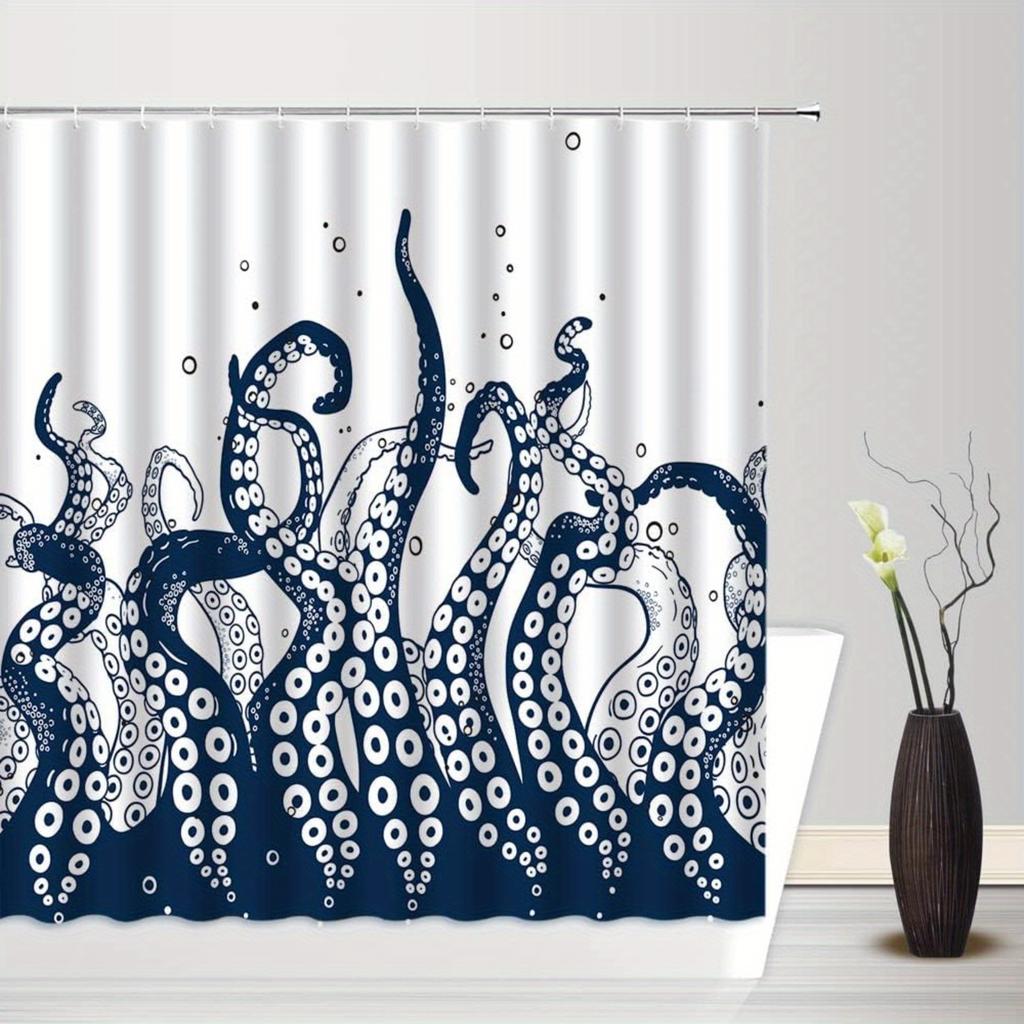 Navy Blue Octopus Shower Curtain - Kraken Sea Creature Design, Durable Polyester with Hooks for Nautical Bath Decor