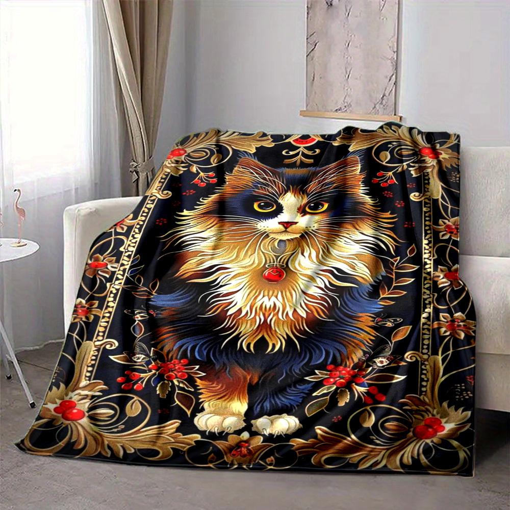 1pc Elegant Cat Tapestry Blanket Lightweight Flannel Blanket Throw Blanket For Sofa, Bed, Travel, Camping, Livingroom, Couch, Chair, And Bed Yy2509026