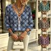 Blusa da Donna con Scollo a V, Laccio, Volant, Manica 3/4, Stampa Floreale Geometrica Verde, Top Semplice per Tutti i Giorni