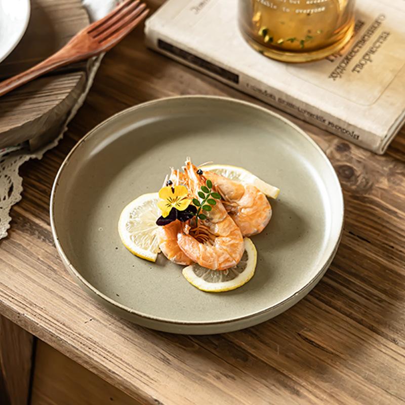 Round Deep Plate Retro Style Ceramic Plate Japanese Tableware Plate Household Dish Steak Plate Salad Plate Dinner Plate