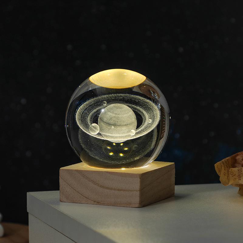 3D Solar System Crystal Ball Night Light with Wooden Base - Luminous Desktop Home Decor & Birthday Gift