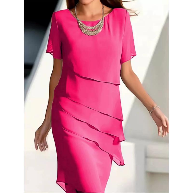 Spring Summer Women's New Solid Color Short Sleeved Fashionable Flash Ruffle Edge Round Neck Casual Comfortable Dress