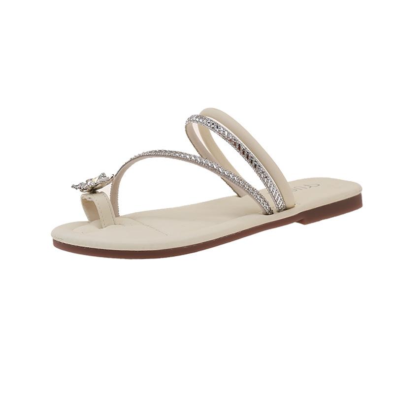 Women's French Flat Bottomed Toe Sandals for Summer Wear, New Soft Soled Fairy Style Dress with Rhinestone Slippers