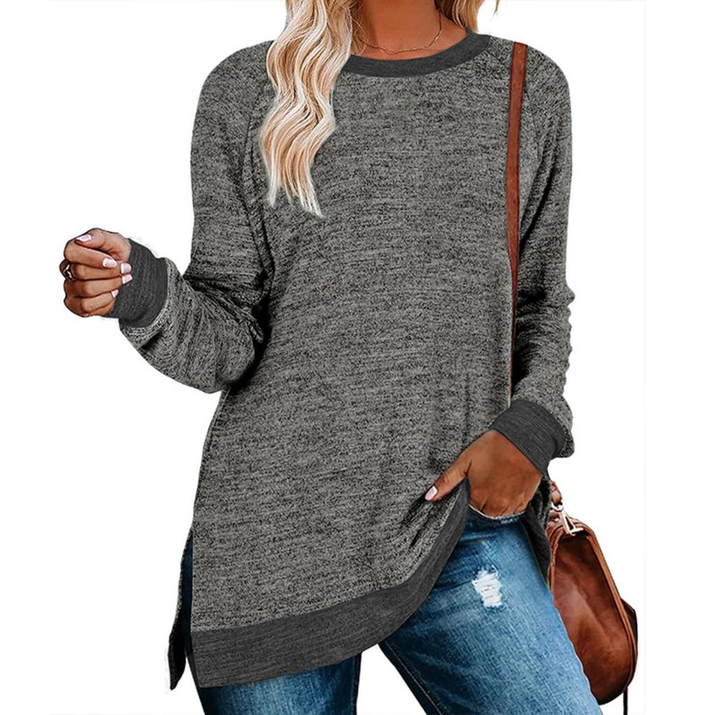 European American Women's Color Block Split Long Sleeve Crew Neck Loose Casual Pullover T-shirt Top