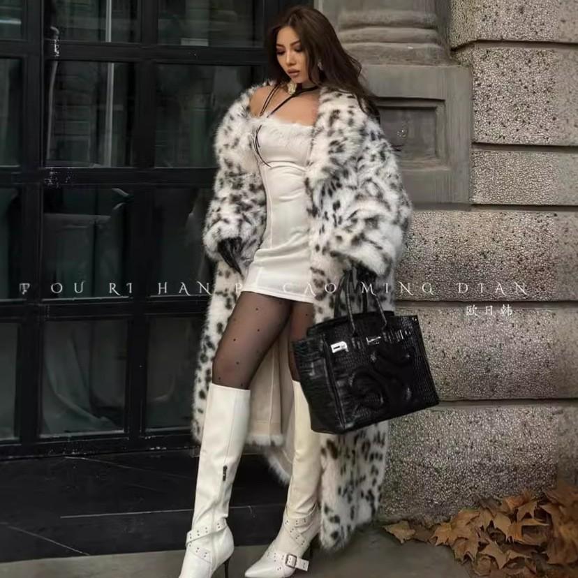 Bobcat Pattern Imitation Fox Fur Jacket Women's Thickened Hair Long Leopard Print Suit Collar Fur Coat Light Luxury