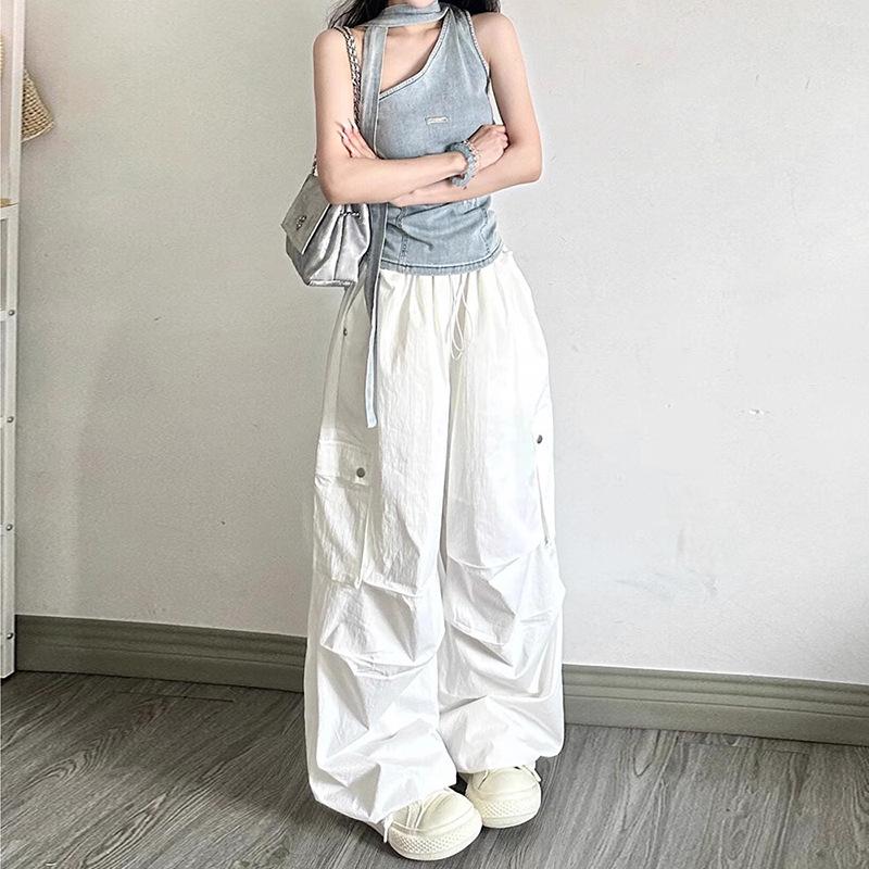 Women's High-Waist Cargo Pants: 2025 American Design, Drawstring, Floor-Length, Loose Fit Casual Trousers