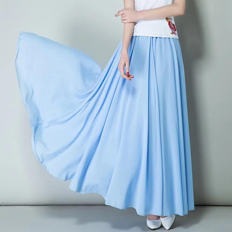 Women Summer Chiffon Dance Skirts Plus Size Full-Length Skirt High Waist Elegant Pink Black Red Royal Blue White Long Skirts