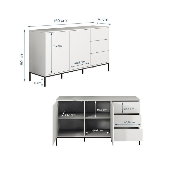 Buffet Bahut 2 portes et 3 tiroirs | 150 x 80 x 41 cm | Couleur Blanc | Finition mate | Rangement | Serena
