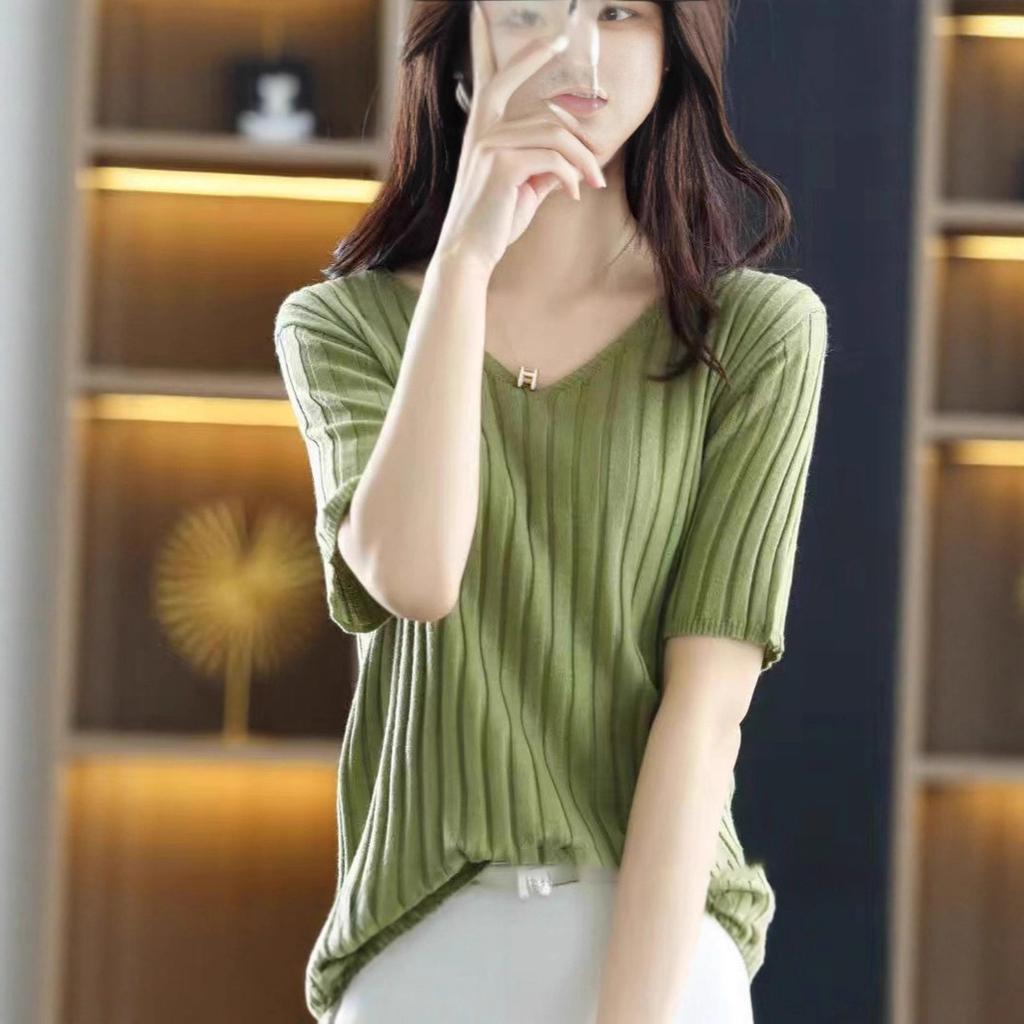 Frühling Sommer Damen V-Ausschnitt Kurzarm Exquisiter Kaschmir Strickpullover Pullover Einfarbig