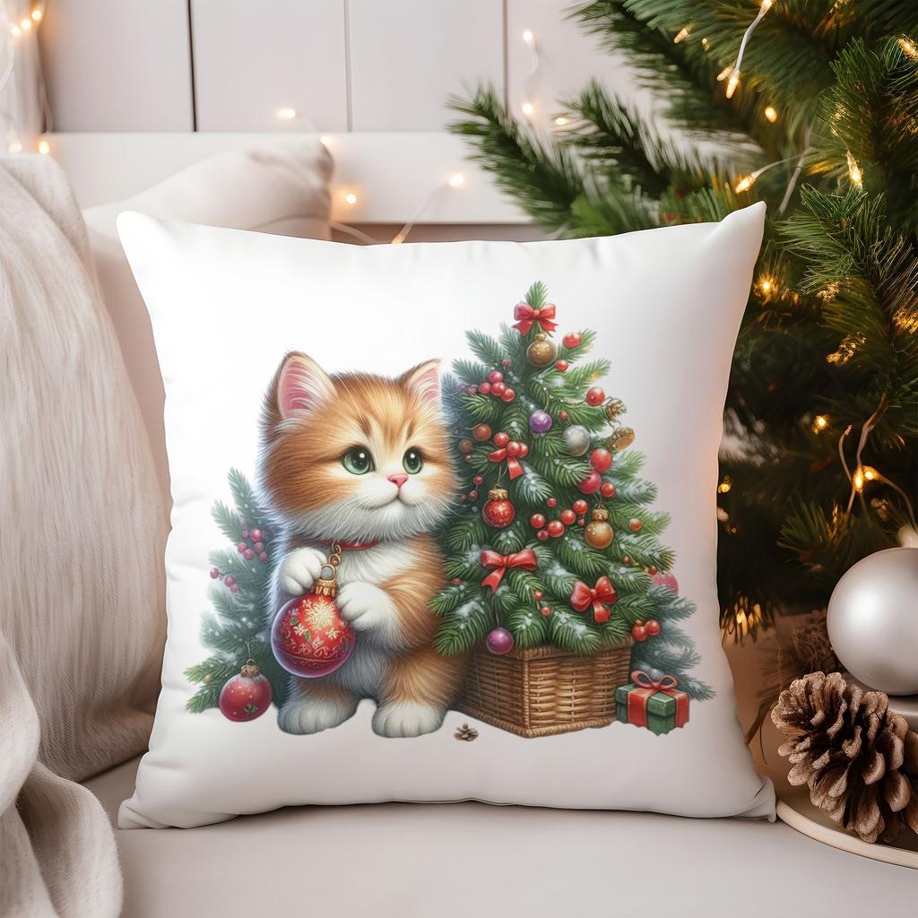 Cat and Christmas Tree Pattern Square Polyester Pillowcase Sofa Living Room Cushion Cover Bedroom Bedside Pillow Cover