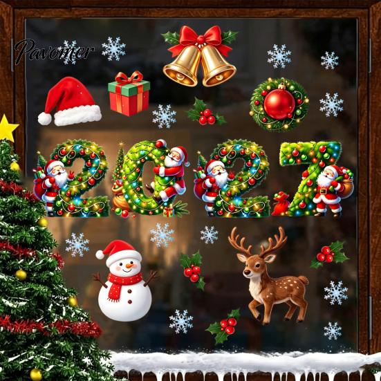 Snowman Window Stickers 2027 Merry Christmas Cling, Santa Reindeer Glass Door Sticker, Seasonal Clings Static Decal for Living Room Bedroom