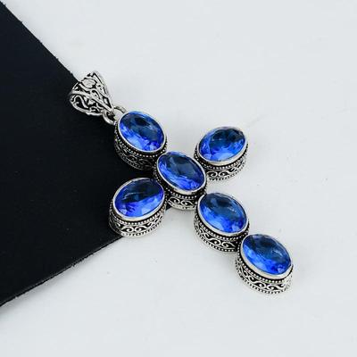 Přívěsek z drahokamu London Blue Topaz, Sterlingové stříbro 925 - Ručně vyráběný design kříže, Šperky pro každodenní nošení, Jedinečný přívěsek London Blue Topaz, Dárky