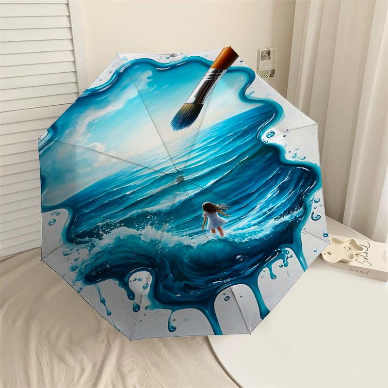 

1pc paintbrush ocean Automatic Open/Close Umbrella Compact Folding Umbrella with 8-Rib Shaft for Women/Men, Elegant Birthday1202S