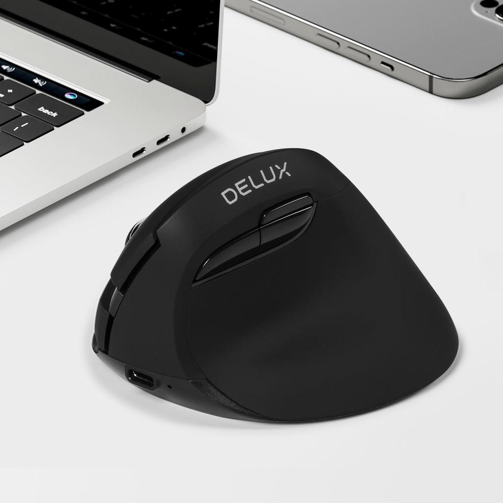 DELUX Ergonomic Wireless Bluetooth 6 4000 Relieves Carpal and Hand for and Macs Mouse, Quiet, Compact, Vertical, 5.2 & 2.4GHz, Rechargeable, Buttons,