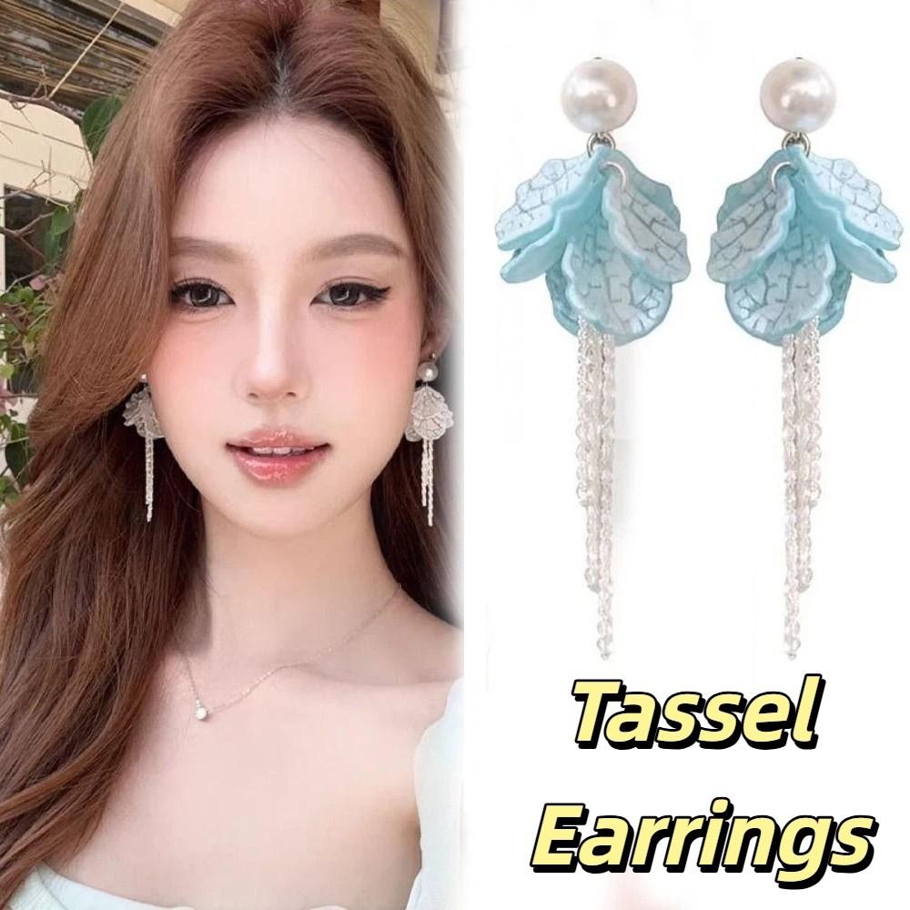 Long Style Pearl Earrings Peach Tea Color Zinc Zinc Alloy Earrings Fashion Jewelry Vacation Style