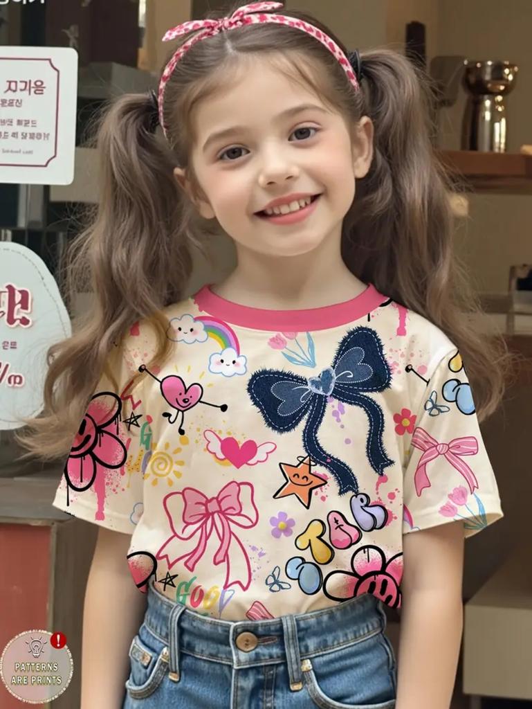 T-shirt Fille Mignon Motif Nœud d'Amour Manches Courtes pour Enfants T-shirts Graphiques Vêtements Y2k Mode Filles Pull Hauts d'Été
