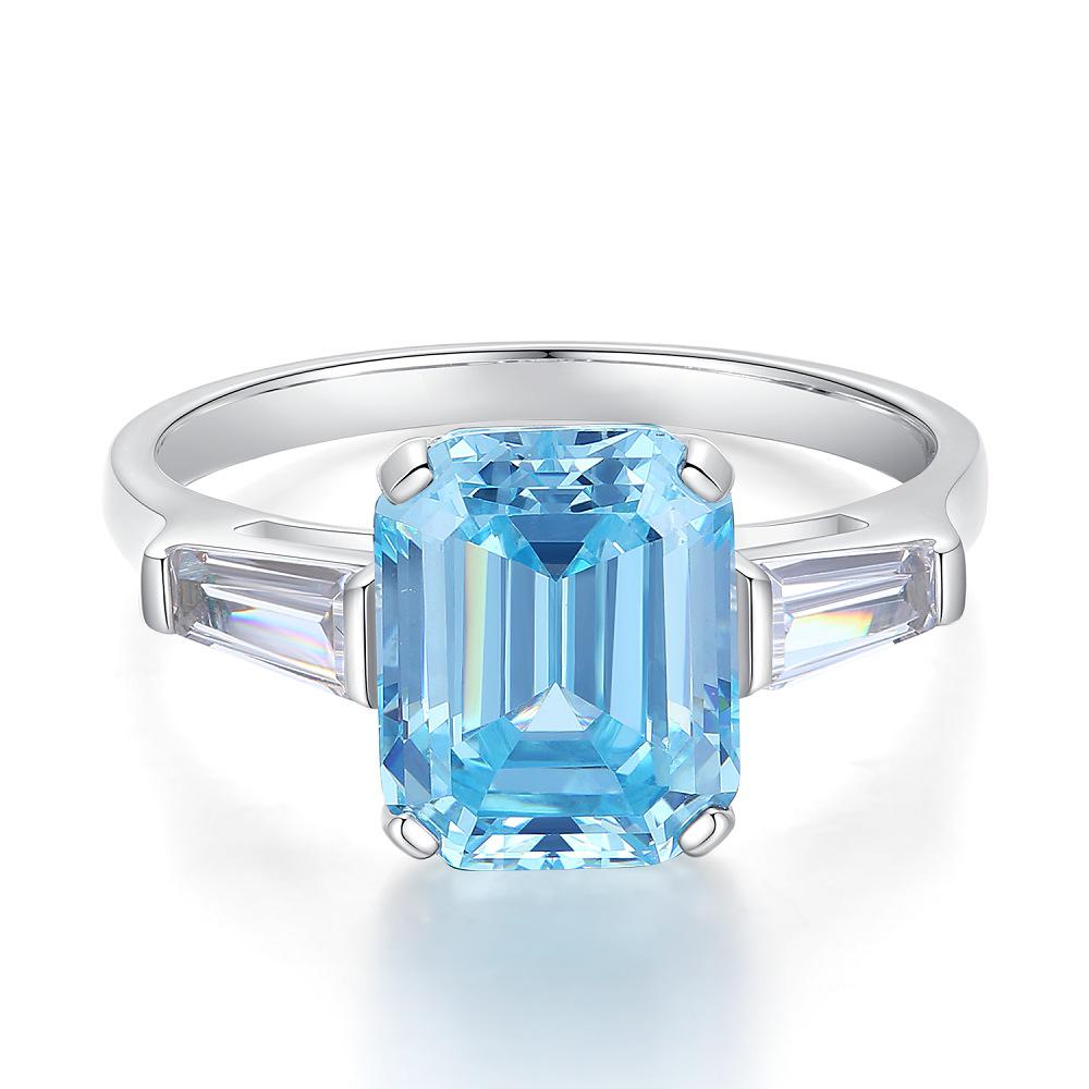 Jiu Mei Emerald Cut Zircon & High Carbon Diamond Ring In S925 Sterling Silver