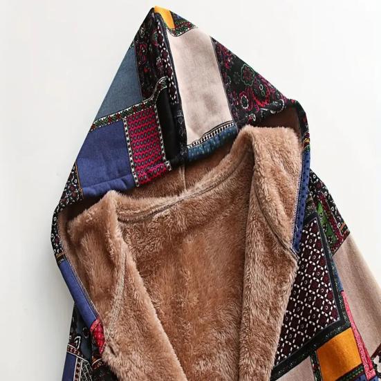 Vestes polaires pour femmes zippées à imprimé floral doublées sherpa à capuche veste patchwork style ethnique vintage