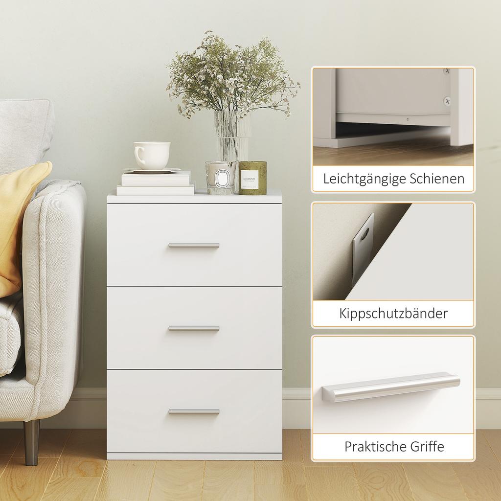Nightstand with 3 Drawers, Side Chest of Drawers for Bedroom, MDF, White