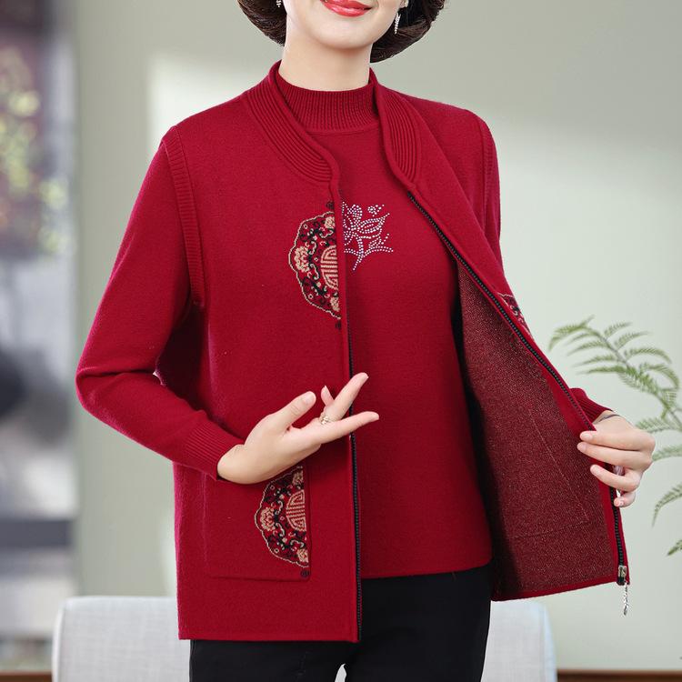 

Кардиган бабушки, жилет, свитер, комплект для среднего и пожилого возраста, осенний свитер, комплект из двух предметов, осенний новый стиль для мамы L красный