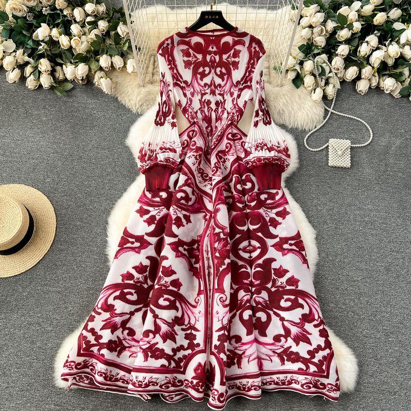

French Fancy Dress Female Accessible Luxury Heavy Industry Ruched Silm Long Design Smudges Print Formal Dress Burgundy All yards