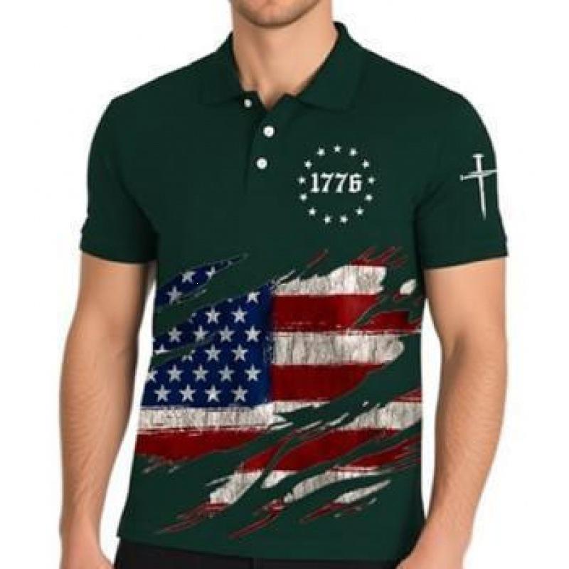 Patriotic 1776 Flag Print Short Sleeve Polo Shirt, Stylish Casual Wear