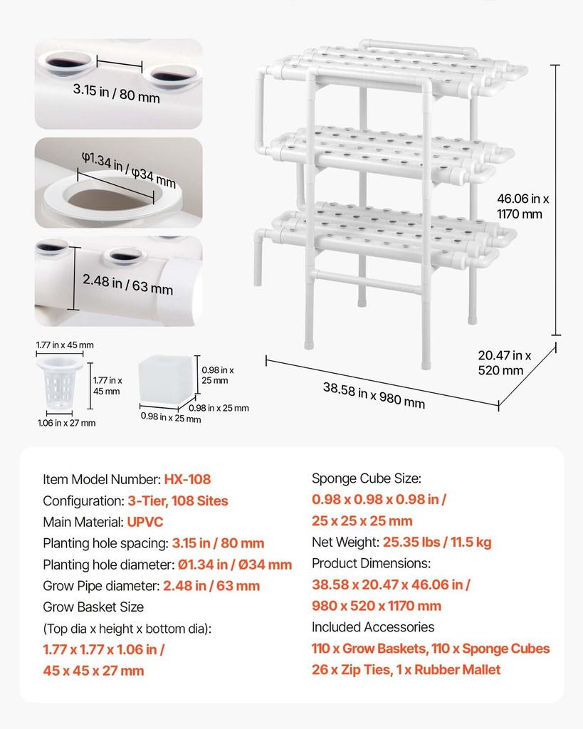 Hydroponik Anzuchtsystem Kit, 3-stufig 108 Löcher UPVC-Rohr Hydroponik Grow Kit mit zeitgesteuerter Bewässerung, Verdickte Hydroponikrohre, Indoor Hausgarten