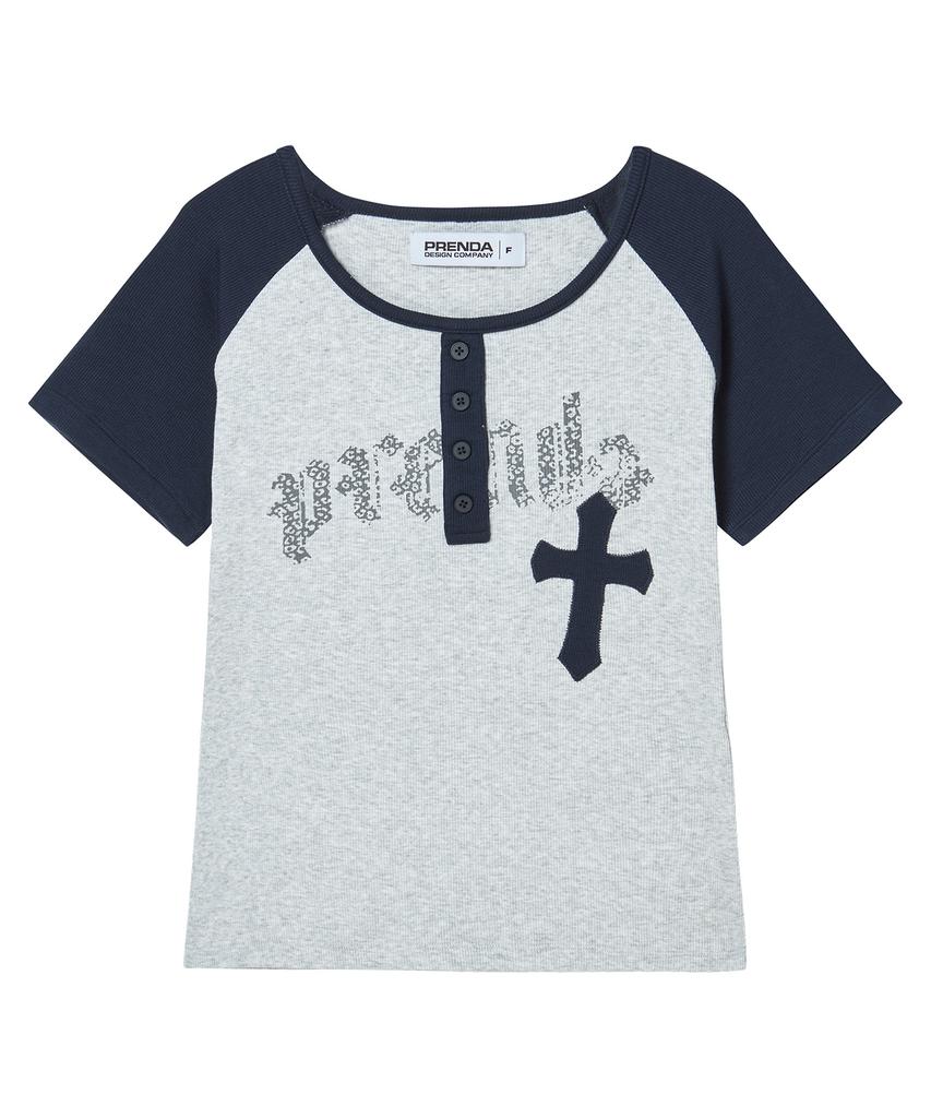 PRENDA Cross Applique Raglan Short Sleeve Gray