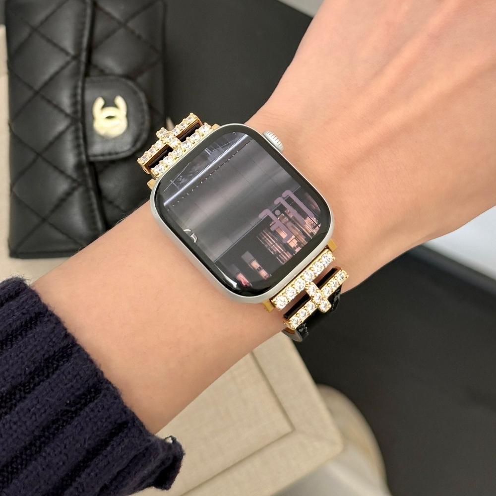 Luxury For Apple Watch Ultra 49mm Band H-Shaped Diamond Butterfly Buckle Leather Strap Suitable for iwatch Series 11/10/9/8/SE3 46/45/44/42/41/40/38mm
