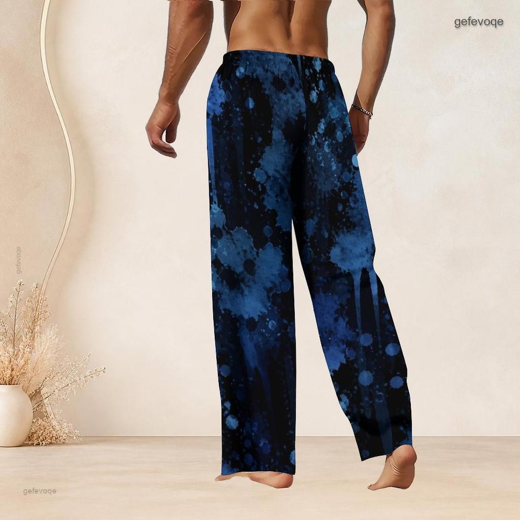 Men S Plus Size Blue Black Ink Splash Printed Drawstring Waist Straight Leg Full Length Beach Pants