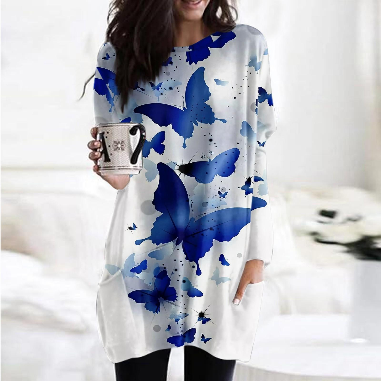 

Женская толстовка с круглым вырезом и принтом, платье-рубашка с длинными рукавами и принтом, пуловер свободного покроя, свободный крой, топы с карманами XXL тёмно-синий