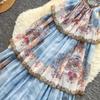 French Romantic Style Blue Floral Spaghetti-Strap Long Dress for Women Summer Korean-Style Tiered Slimming VacationBeach Dress