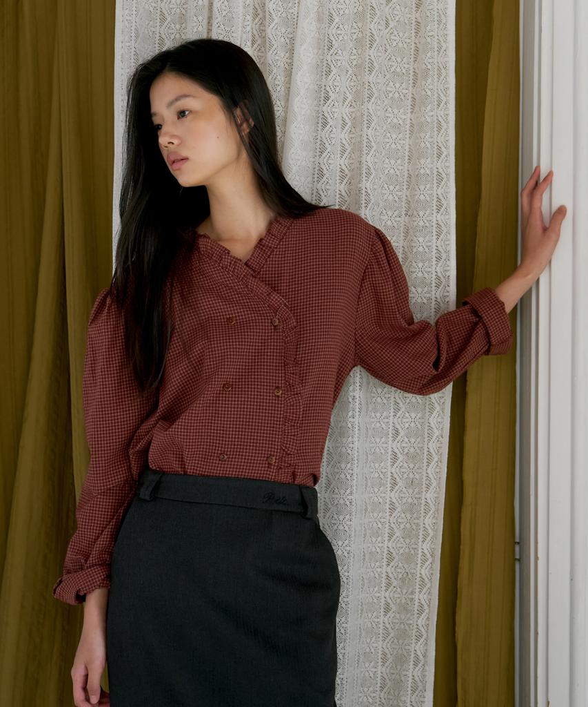 Poeteuseoul Double Button Check Blouse_Wine