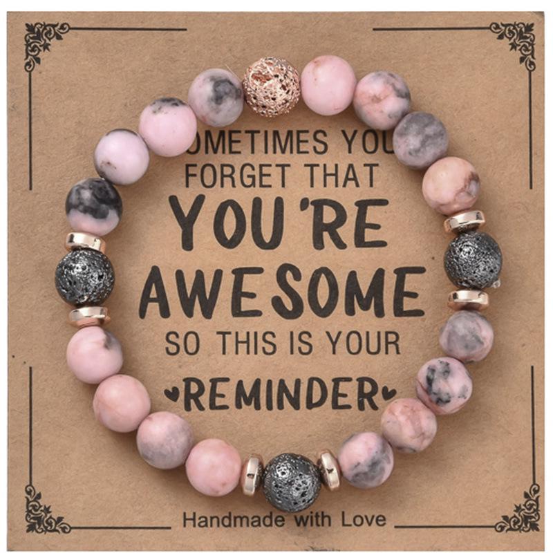 8mm Pink Zebra Stone Bead Bracelet with Gift Card: Perfect Holiday Friendship & Love Gift for Men & Women