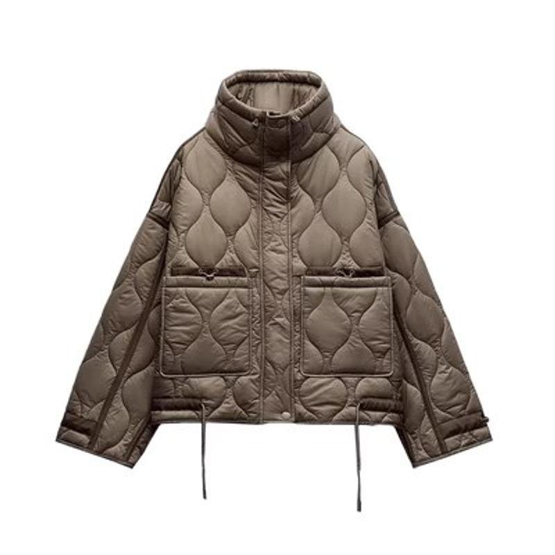 Autumn and Winter New Pocket Decoration Loose Long Sleeve Stand Collar Small Rhombus Cotton-padded Jacket Jacket 2969253