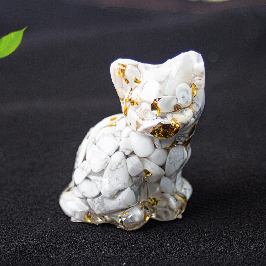 Natural Crystal Gravel Resin Sitting Turning Face Cat Figurine With Gold Foil Cute Desktop Decor For Home Office
