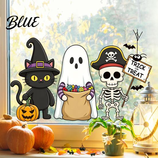 Halloween Window Cling Static Glass Sticker No Residue Reusable Clings Festive Sticker Decal with Dwarf Wizards Black Cats Ghosts Skeletons Pattern
