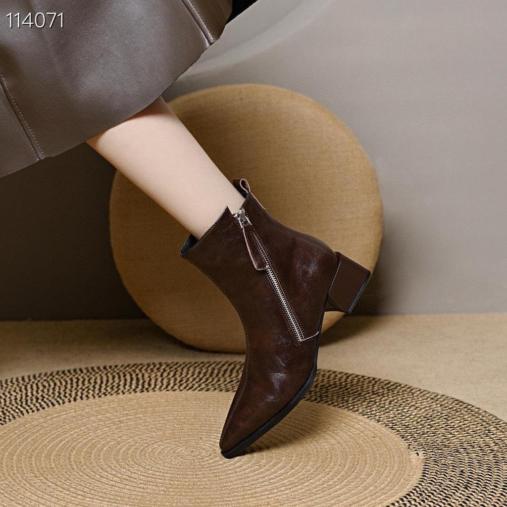 Women's Fleece-Lined Pointed Toe Ankle Boots - 2025 Autumn/Winter Collection, Chunky Medium Heel, Versatile & Slimming Martin Style