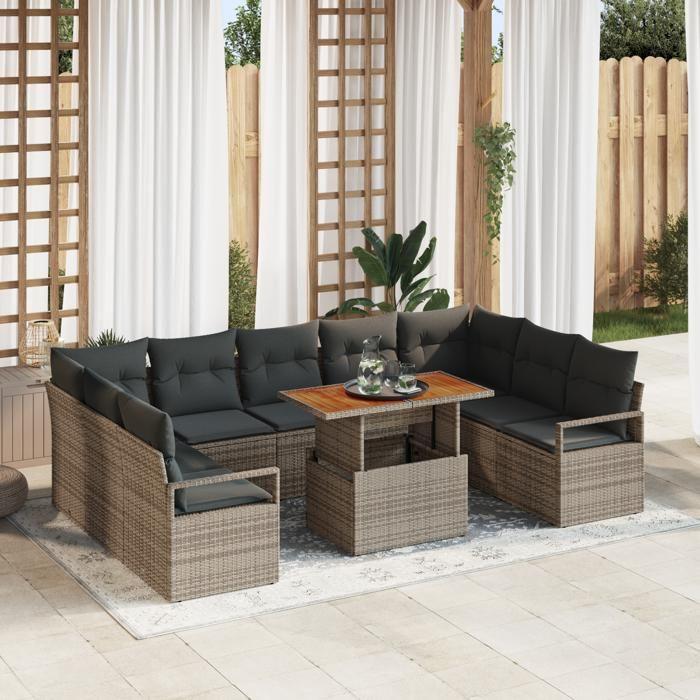 Ensemble de Canapé de Jardin 10 pièces avec Coussins Gris Poly Rattan Acacia, Canapé de Jardin 2 places avec Coussins Gris 3349754