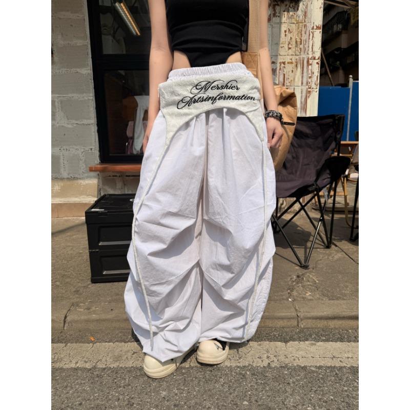 

Retro design strap letter print casual pants women s summer new high waist loose tooling paratrooper pants S белый