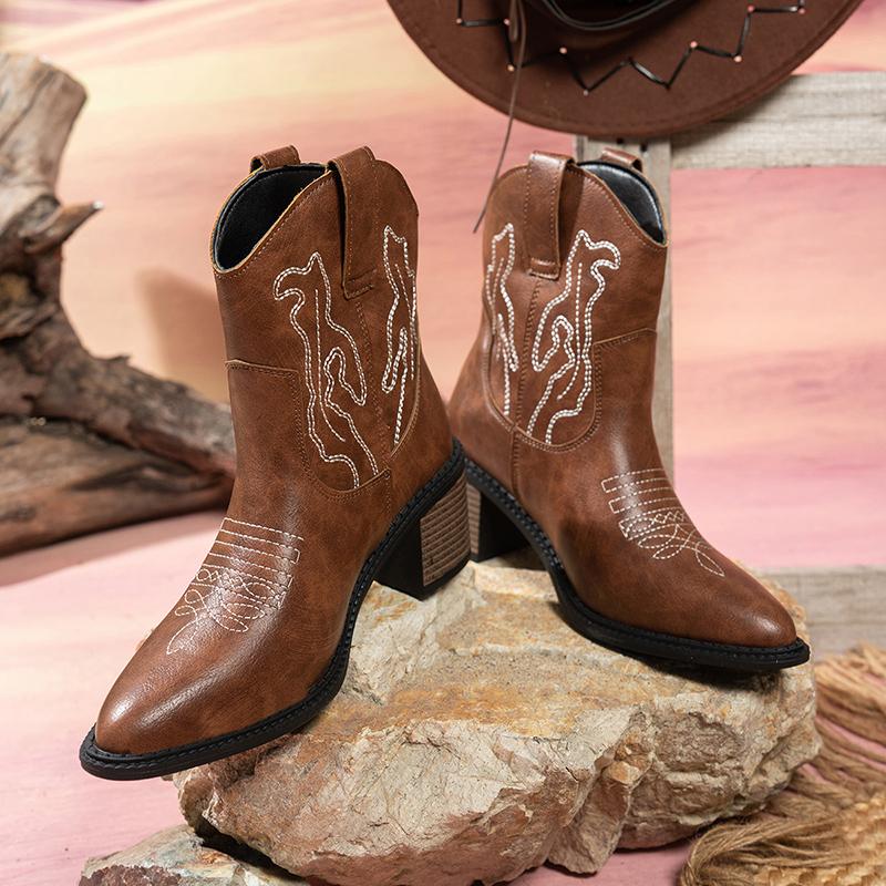 Fashion Autumn Winter Embroidery Women Western Cowboy Boots Fashion Pointed Toe Thick Heel Ankle Booties