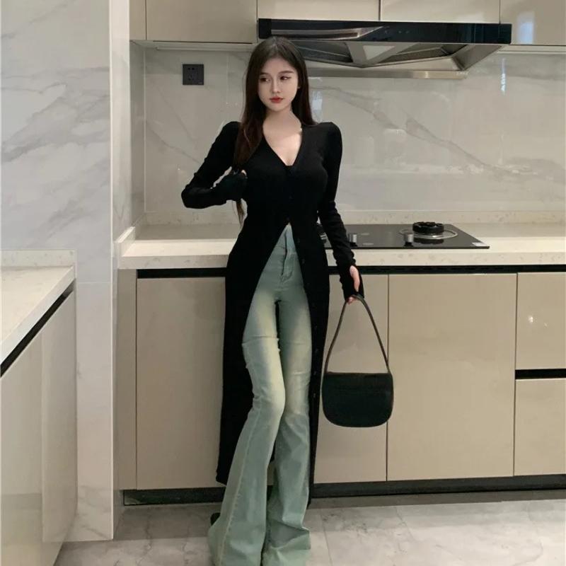 Cardigan negru cu decolteu în V, vintage, leneș, pentru femei, toamnă