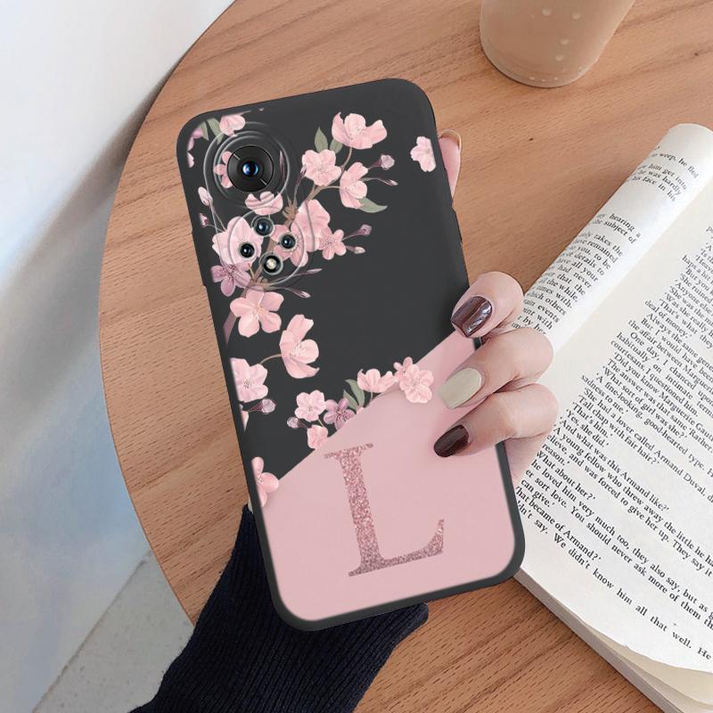 Initial Letter Silicone Case For Huawei Nova 9 Honor 50 Shell Retro Pink Flower Soft TPU Back Cover For Honor 50 Nova9 Capa
