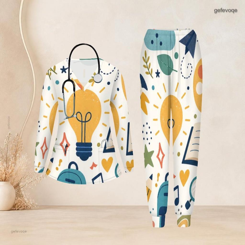 Women Plus Size V Neck Long Sleeve Scrub Set Leopard Heart Feather Boho Art Print Nurse Uniform Set