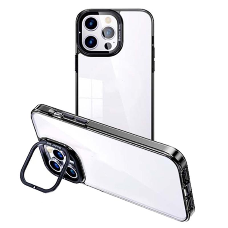 

Transparent TPU Phone Case for iPhone 15 Pro Electroplating Mobile Back Cover with Lens Frame Kickstand Black/Red
